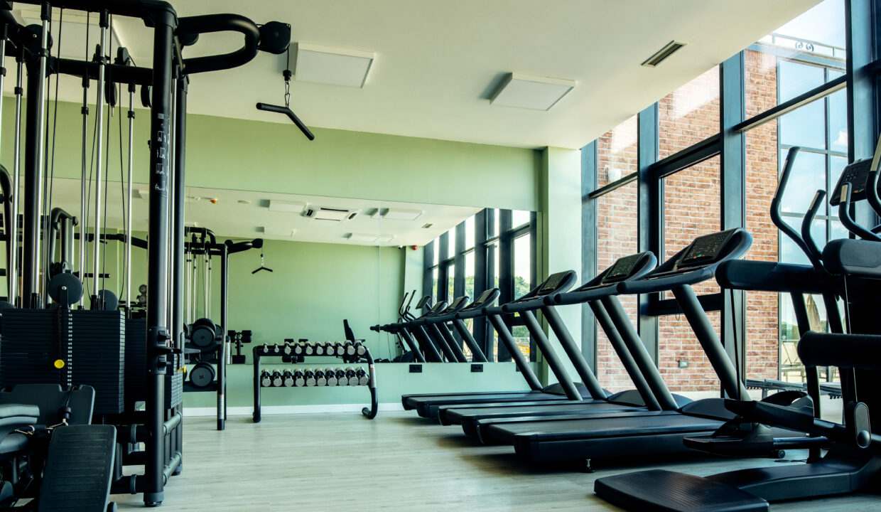 Health club without people with exercise equipment.